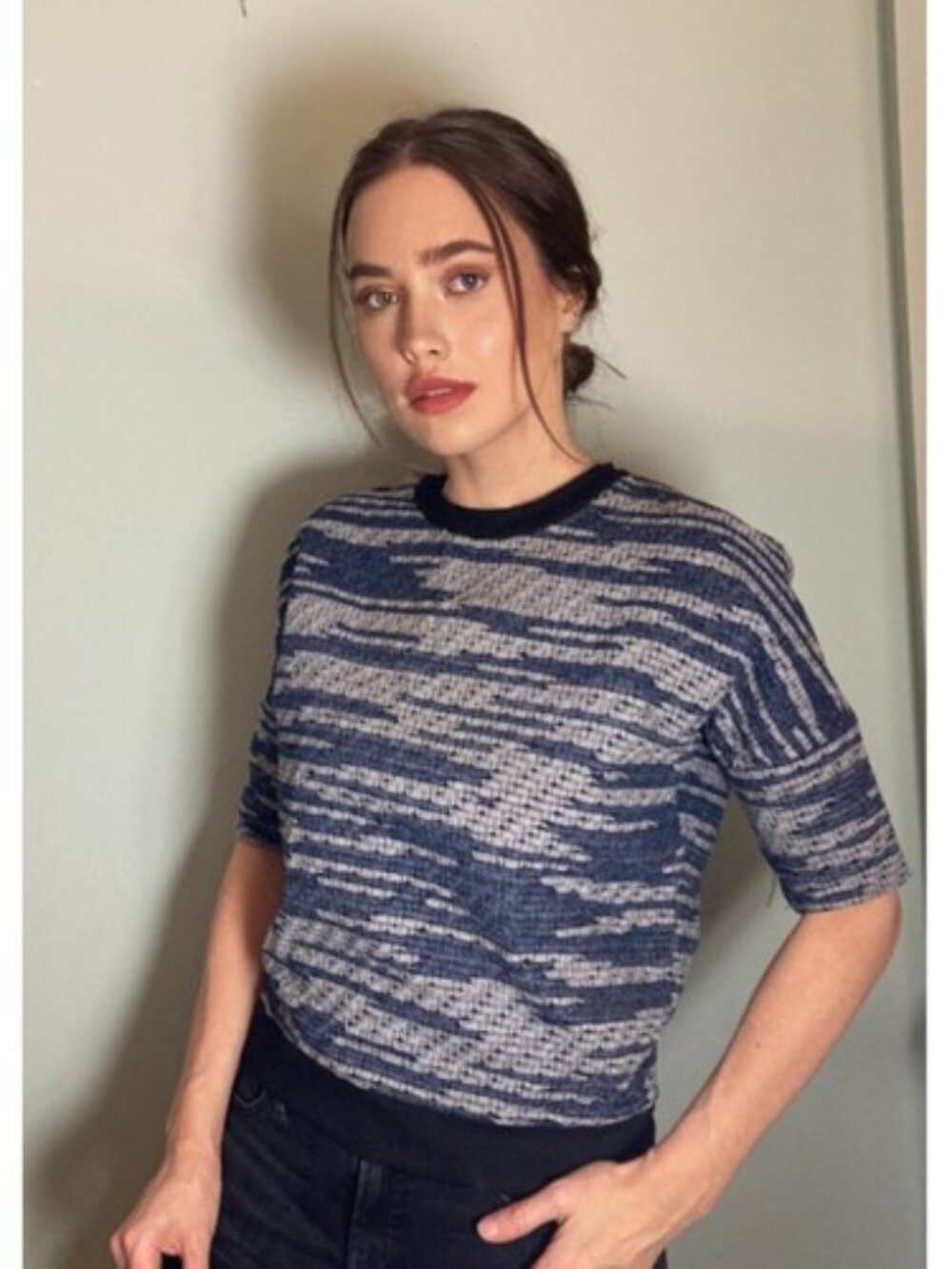 Derek Lam 10 Crosby -Blue & White Short Sleeve Boxy Top ~ Texture! Sz 4 / M